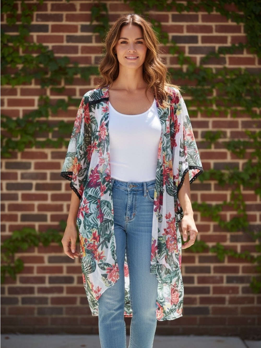 BCBGeneration Tropical Floral Chiffon Kimono Pom Pom Trim Sheer Cover Up OS